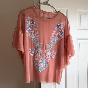 Zara Peach Sheer Blouse with Floral Embroidery